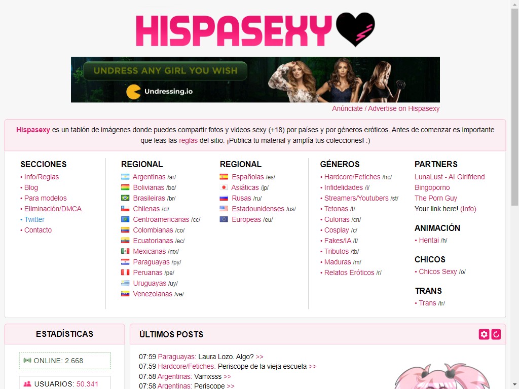 Hispasexy, tablón de imágenes y videos de chicas y chicos sexy por países y géneros eróticos.